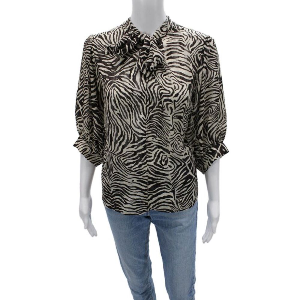 Samsoe & Samsoe Womens Beige Animal Print High Neck 3/4 Sleeve Blouse Size S